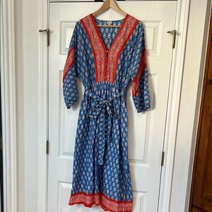 J. Crew Blue and Red V-Neck Sundress, beach dress. Size m. Tie waist,puff sleeve